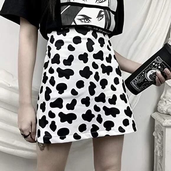 TOPVEST Women's Summer High Waist Cute Kpop Skirt Cow Print Casual A Line Mini S - Picture 2 of 5